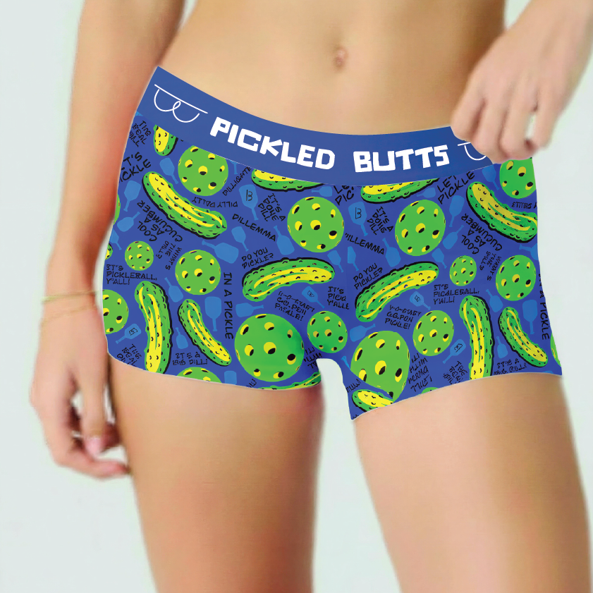 Big Dill Pattern-women's anti chafe pickleball underwear with 'Pickled Butts' text on a white background