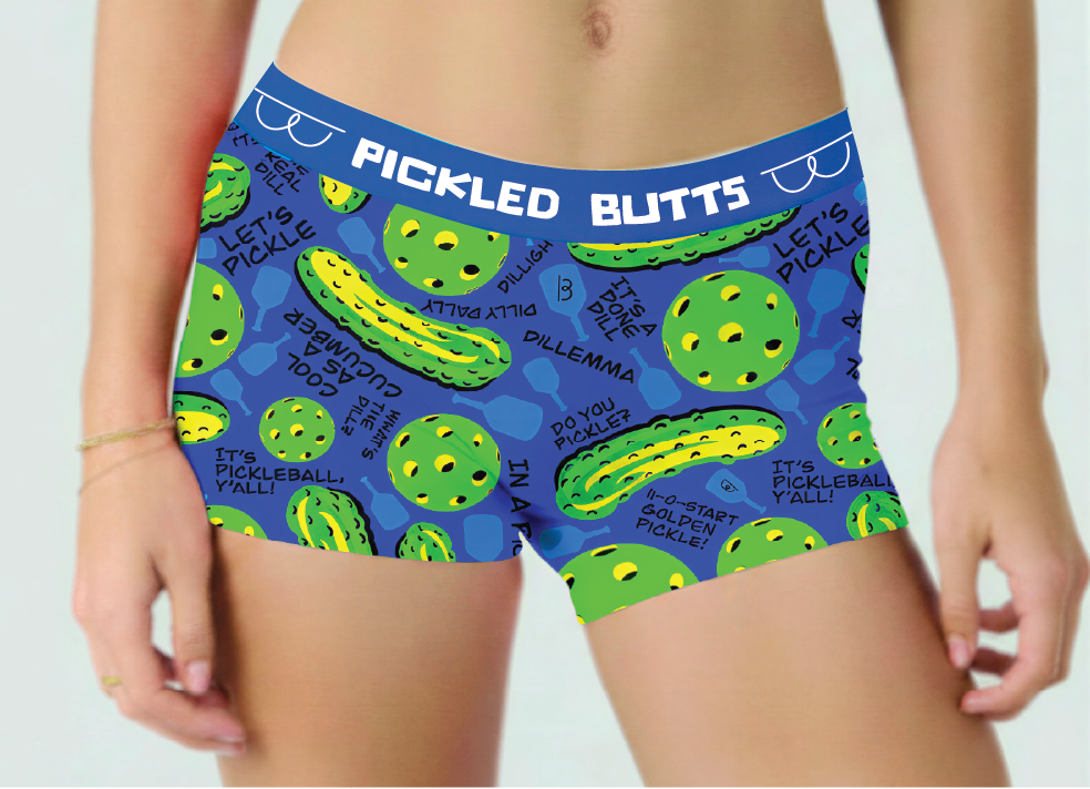 Blue underwear with pickle and cucumber pattern and 'Pickled Butts' text on a white background