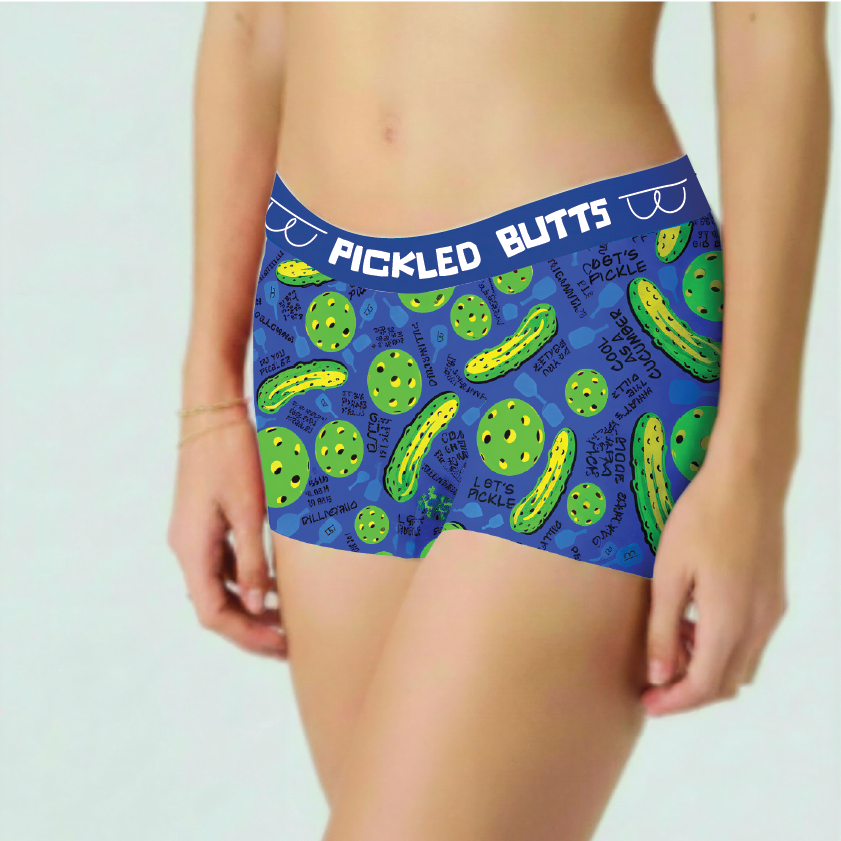 Blue underwear with pickle pattern and text on a white background
