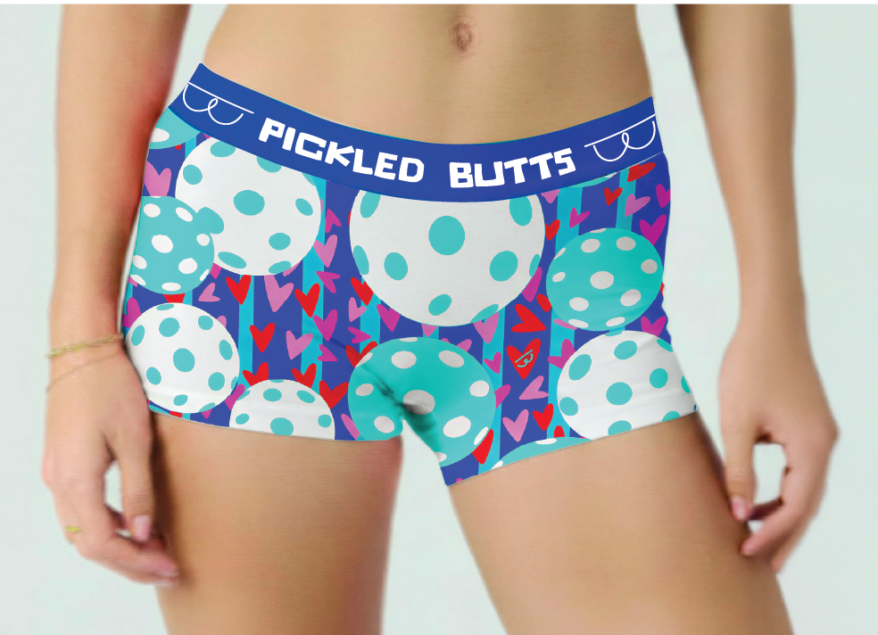 Colorful patterned underwear with 'Pickled Butts' branding on a plain background