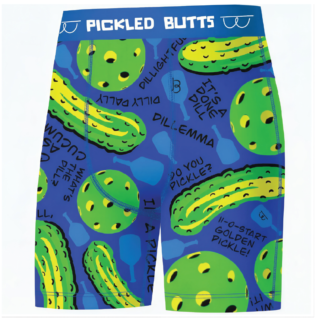 Colorful pickle-themed shorts with text on a blue background, featuring the brand 'Pickled Butts'.
