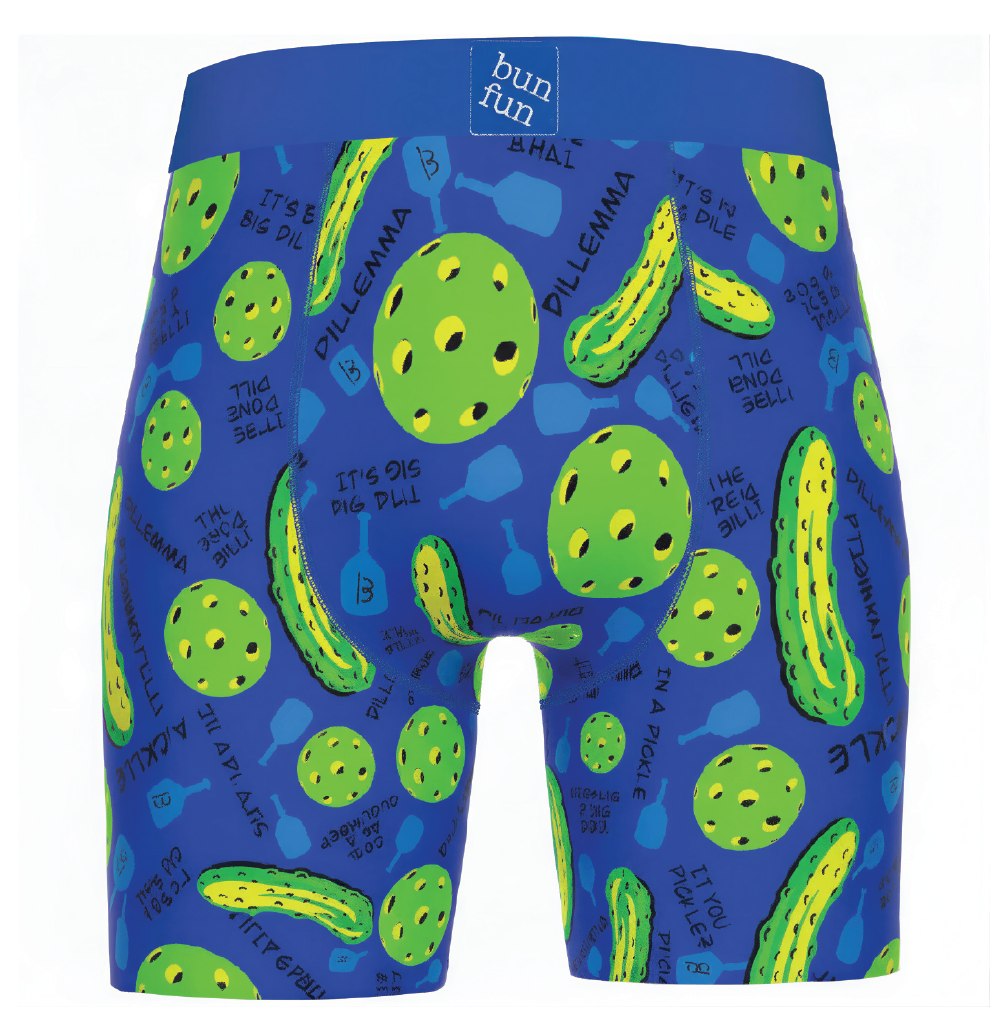 Blue boxer briefs with green avocado pattern on a white background