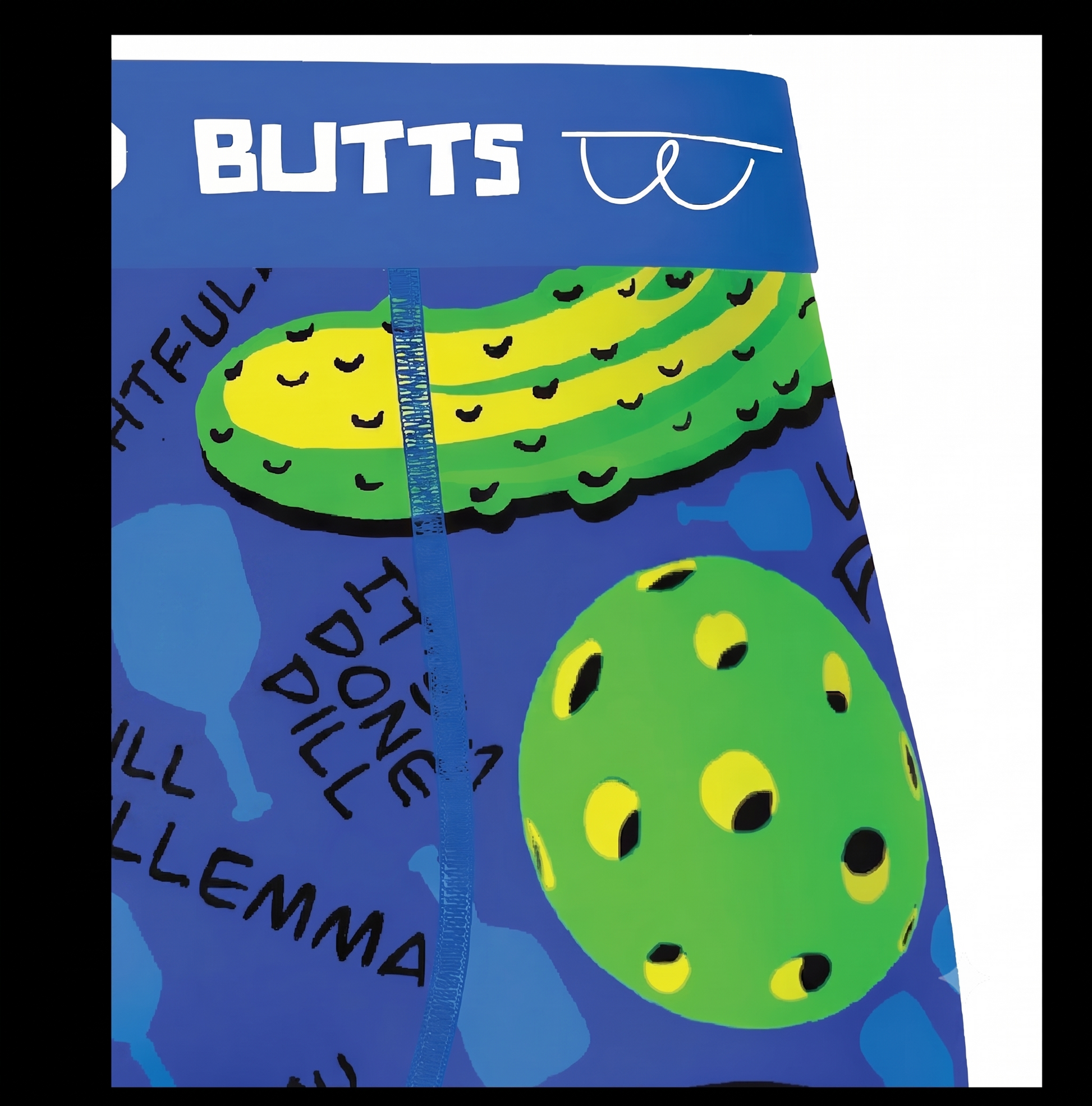 Blue underwear with green pickle design and text on a white background
