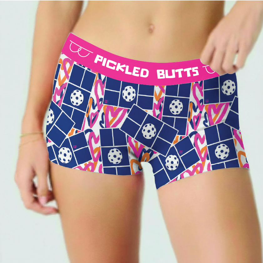 Courtside Pattern Ladies' moisture-wicking underwear with 'Pickled Butts' waistband on a plain background