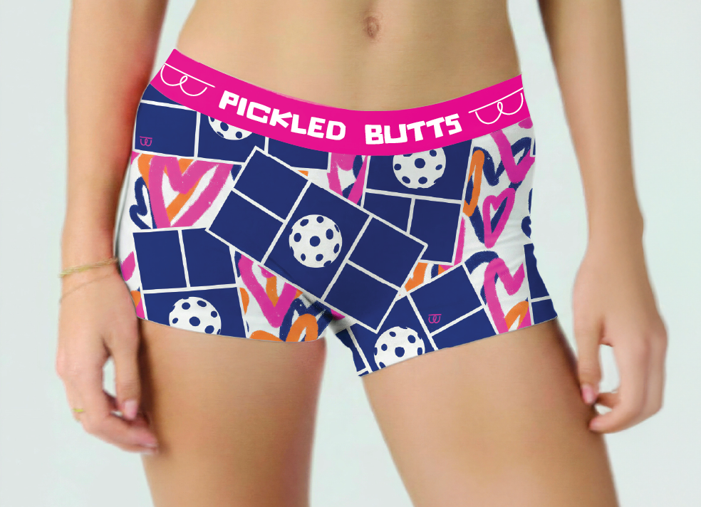 Colorful boxer briefs with geometric pattern and 'Pickled Bluts' text on a plain background