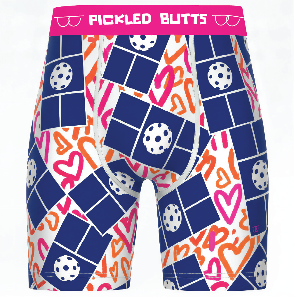 Courtside Pattern anti-chaffing pickleball underwear with 'Pickled Butts' branding on a white background