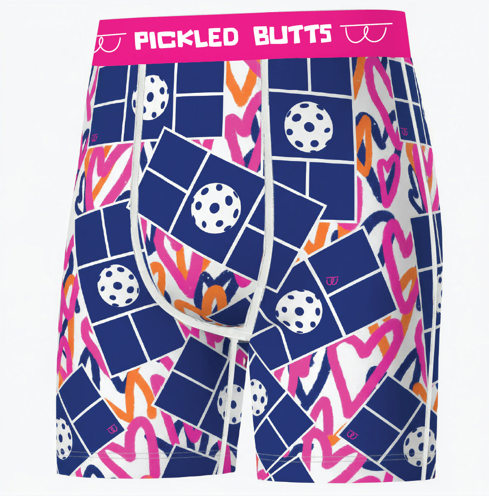 Courtside Pattern anti-chaffing pickleball underwear with 'Pickled Butts' branding on a white background
