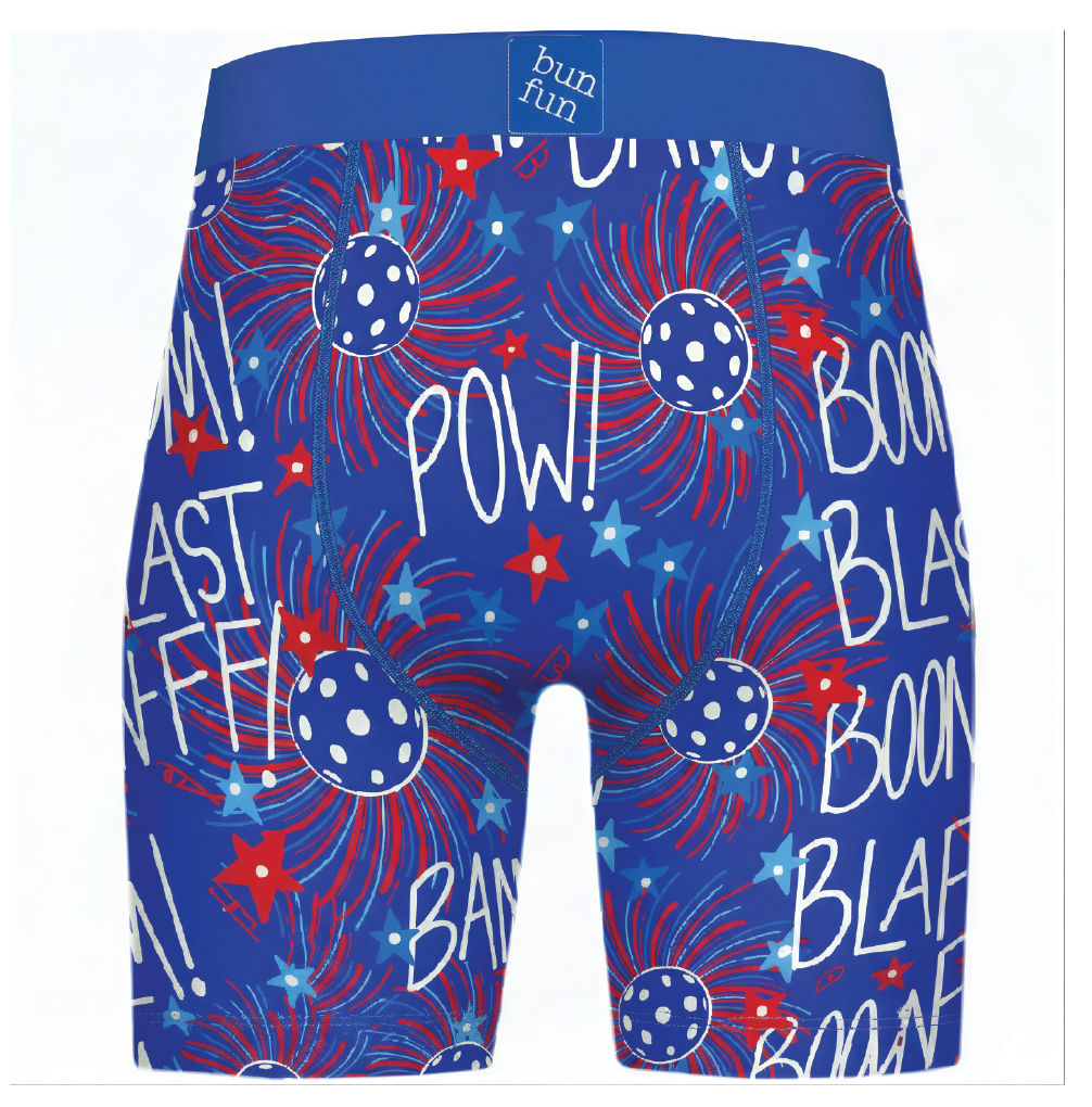 Blue boxer briefs with red and white fireworks and text design on a white background