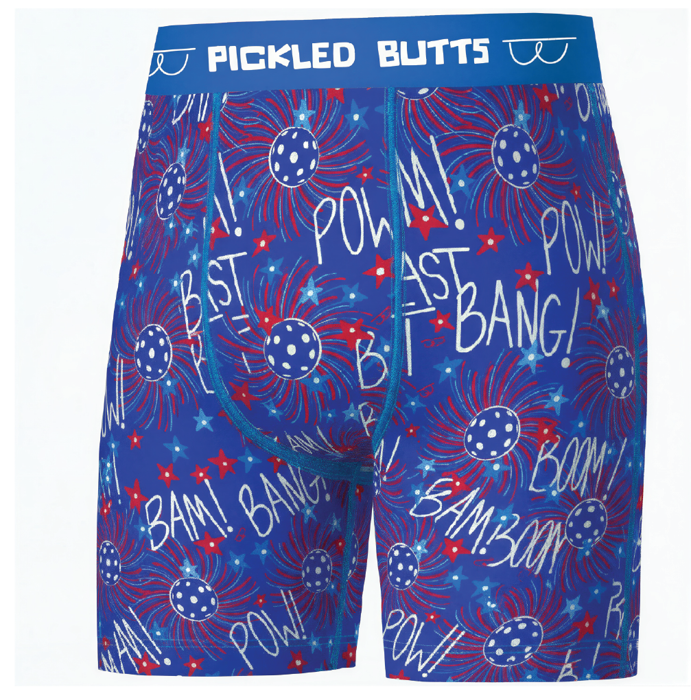 Blue boxer briefs with red and white text and graphics on a white background