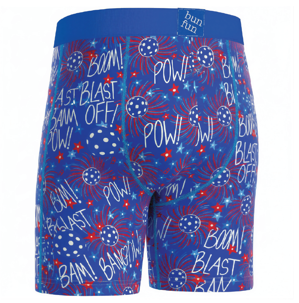 Blue boxer briefs with a fireworks pattern and text on a white background