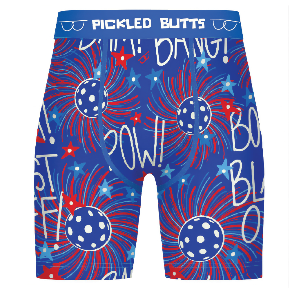 FireworkPattern-Mens-pickleball-underwear with red and white designs and text on a white background