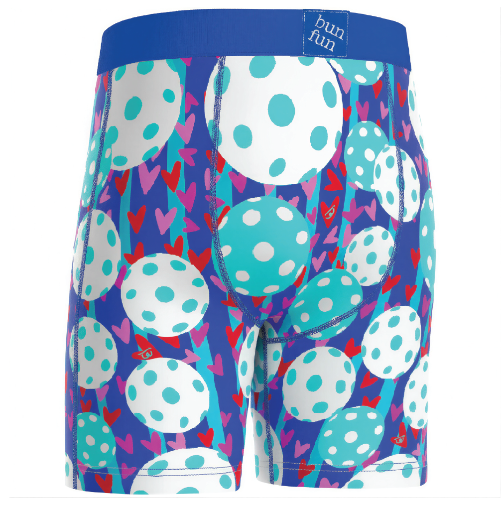 Colorful patterned boxer briefs with a visible brand label on a white background