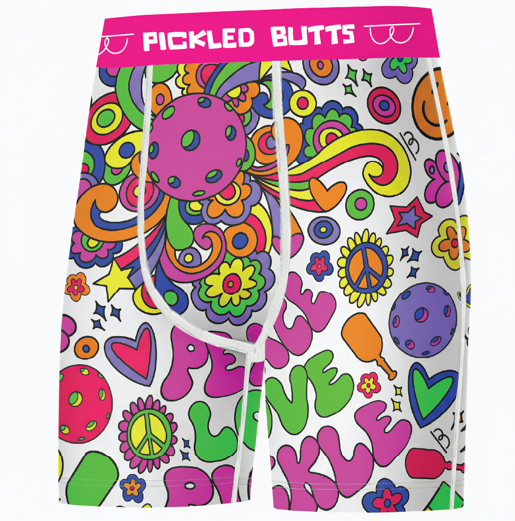 Hippy Pickleball Underwear for Men Colorful men's underwear with peace signs, hearts, and text on a white background