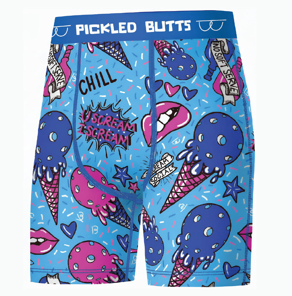 Blue men's boxer briefs with a colorful cartoon ice cream cone, lips, stars, and text graphic print, featuring a blue waistband that reads 'PICKLED BUTTS'.