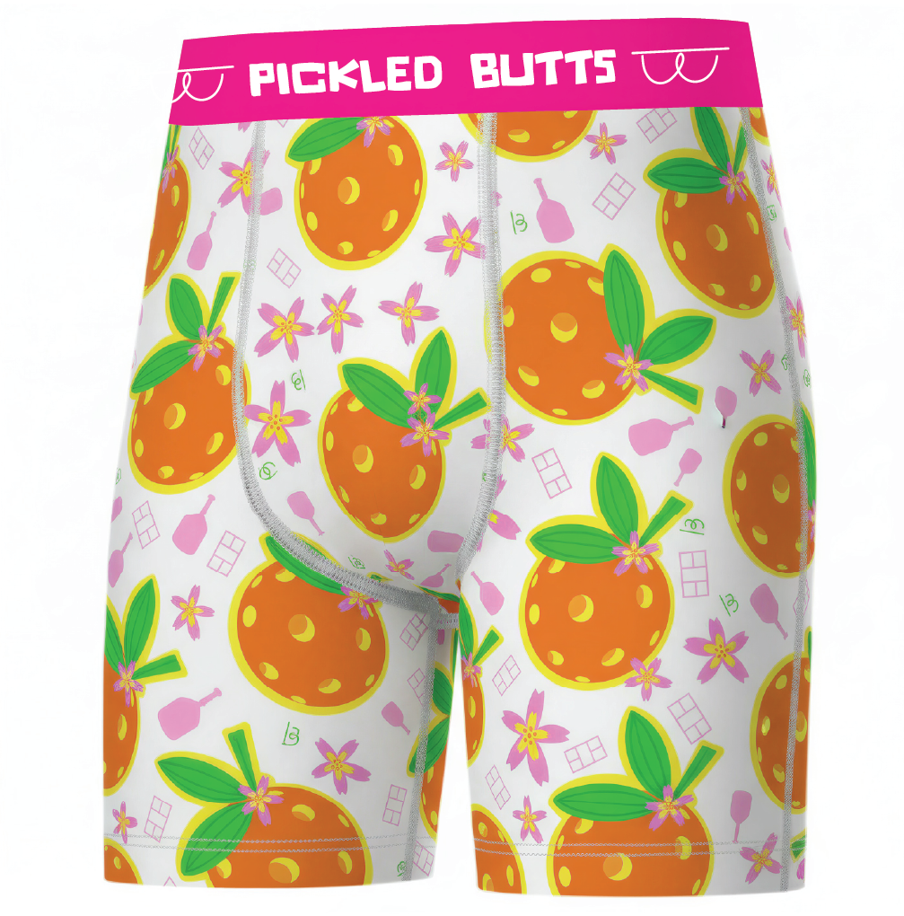 Colorful men's underwear with pineapple pattern and 'Pickled Butts' branding on a white background